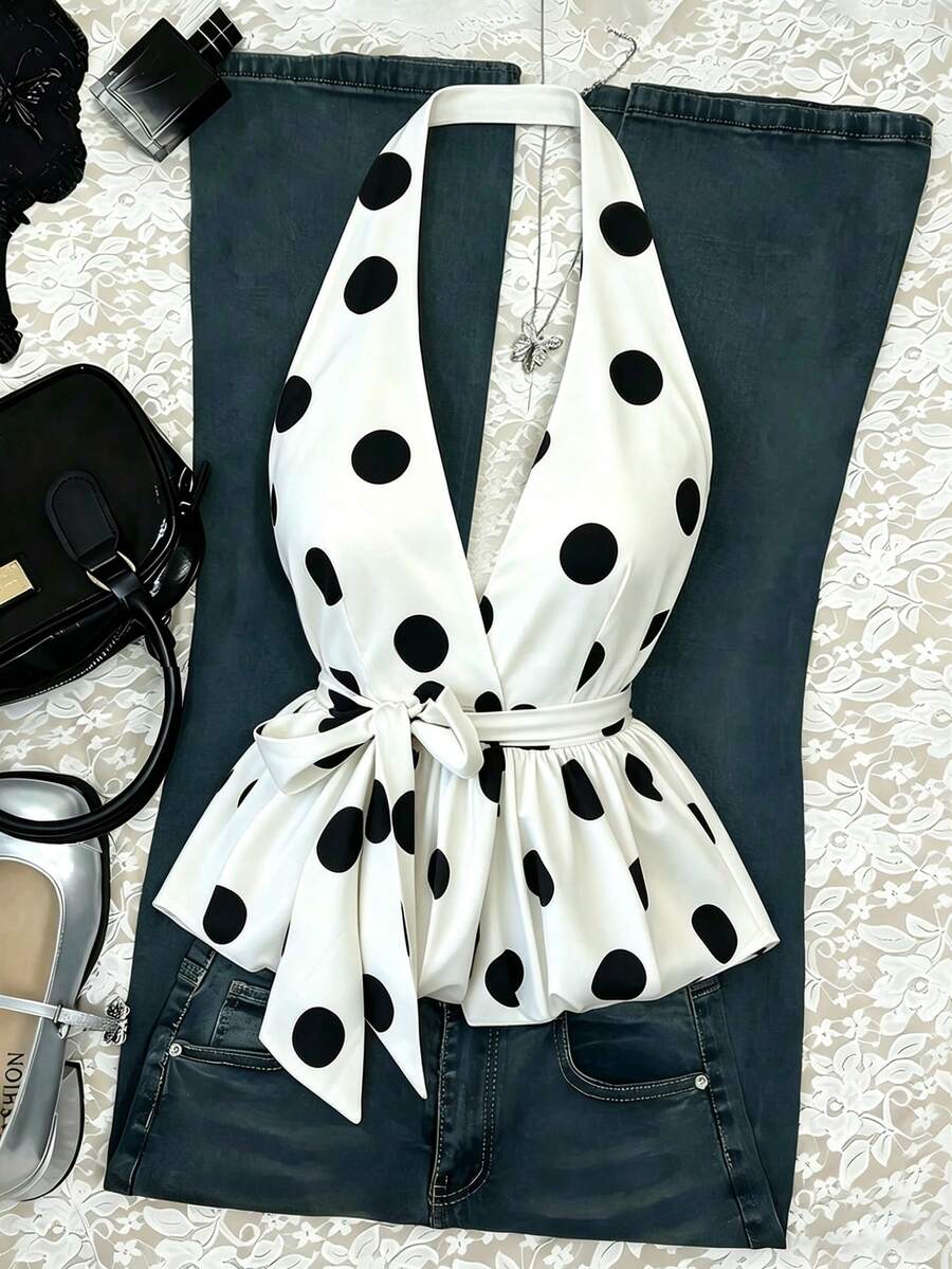 SHEIN Franclia Women's Polka Dot Print Fashionable Bow Tie Halter Backless Blouse - Black and White - View 1
