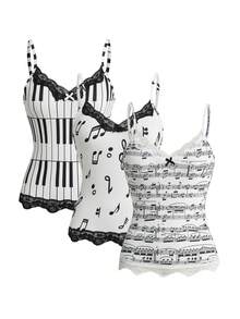 ROMWE Spring/Summergraphicwhite3pcs Y2K Vintage Music Note & Piano Keyboard Print Bodycon Lace Trim Camisole Set - Multicolor - View 15