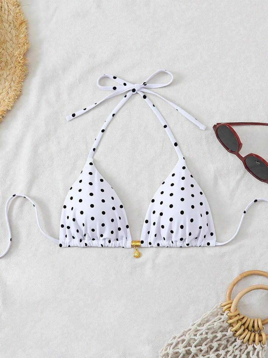 SHEIN Swim Mod 随机金色贝壳印花露背比基尼上衣，性感泳装上衣，适合夏季度假 - 白色 - 查看 1