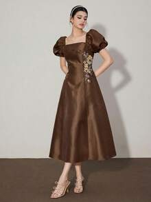 Modelyn Women's Floral Embroidery Square Neck Petal Sleeve Elegant Mid-Length Dress - Coffee Brown - View 4