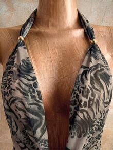 Mistrie Women's Animal Print Leopard Halter Top With Front Tie, Featuring Metal Ring Details And Cut-Out Design. Fashionable And Sexy Halter Backless Leopard Vest, Suitable For Vacations, Parties, And Music Festivals. - Baby Pink - View 6