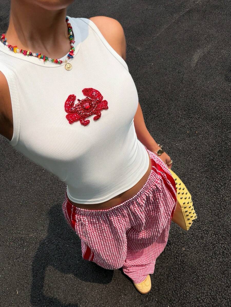 SHEIN Muchic 女士夏季新款纹理条纹短款修身圆领背心 - 白色 - 查看 1