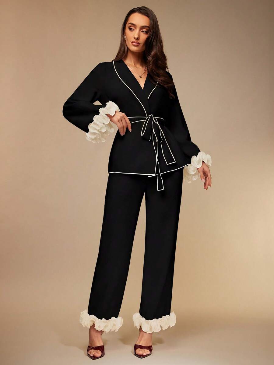 Silquee Conjunto de pijama de mujer con volantes de color contrastante, ropa de otoño e invierno - Negro - Ver 1