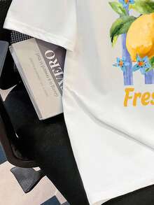 Manfinity Joysei 休闲时尚夏季柠檬清爽油画印花白色短袖T恤（面料） - 白色 - 查看 4