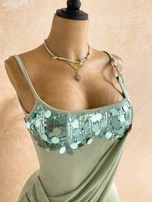 Soleia Novo Casual de Primavera/Verão Roupa de Convidado para Casamento na Praia Ocidental, Formatura, Almoço de Páscoa, Dia de São Patrício, Férias de Primavera, Festival de Música, Elegante Boho Tropical Sem Costas, Decoração de Lantejoulas e Metal, Babado na Barra, Macaquinho, Adequado para Festa, Dia dos Namorados, Encontro - Verde - Visão 5