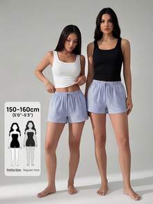 SHEIN PETITE 女款條紋低腰短褲，適合夏季度假海灘，小碼女款 - 藍白色 - 查看 11