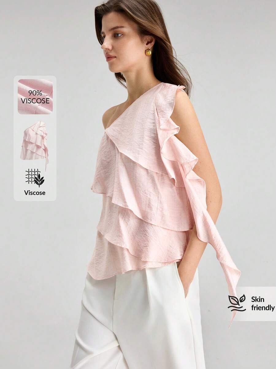 2026SS New Summer Women Pink Ruffle One Shoulder Top, Urban Commute Business Casual, Suitable For Christmas, New Year Party And Gathering - Pink - View 1