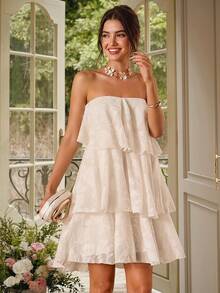 Enchnt Summer Romantic Women's Fashion Strapless Ruffle Short Double-Layer Cake White Dress, Bridal Shower Dresses For Bride, Baby Shower Dresses,Sweet&Elegant For Wedding,Social&Vacation&Date&Party&Going Out,Summer Outfit Women,Summer Dresses For Women White Dresses For Women Short Strapless Dress Tiered Dress - Apricot - View 7