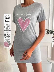 100%Cotton Slogan Graphic& Heart Print Nightdress - Light Grey - View 1