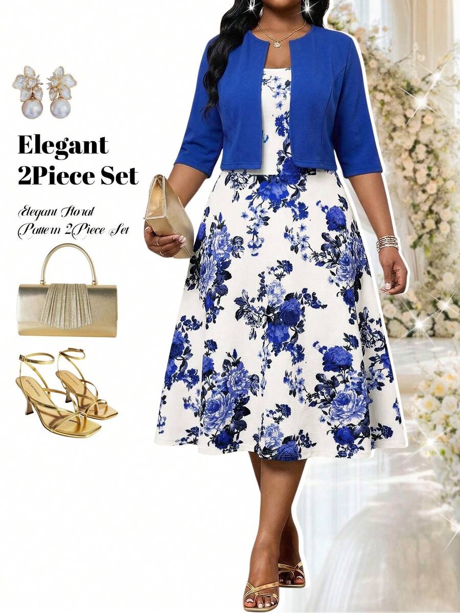 Fleurora Conjunto de 2 piezas para mujer talla grande: Cárdigan de manga corta de unicolor y vestido con estampado floral - Azul - Ver 1