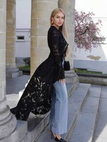 浪漫度假风荷叶边薄纱长款轻薄外套，西部风格外衣，适合秋冬季、圣诞节、海滩等场合，尽显优雅波西米亚西部风情。 - 黑色 - 查看 5