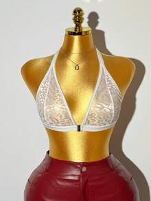 Bare Chapter 1pc Leopard Print Jacquard Fabric Halter Front Closure Bra - White - View 5