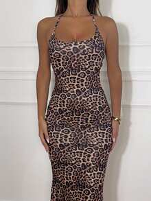 女士豹纹美人鱼下摆修身优雅吊带连衣裙长款女装派对套装 - 鏽棕色 - 查看 4