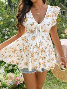 SHEIN Camiseta casual de verano con cuello en V, volantes y estampado floral para embarazadas - Amarillo - Ver 7