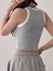 Áo tank top thể thao cơ bản không tay cổ tròn phối viền tương phản dành cho nữ, thích hợp cho mùa hè. - Xám - Xem 5