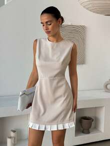Lavishia Round Neck Waist Gathered Pleated Dress 2 In 1 Dress, Elegant Commuter Dress Chic Dresses For Women Latest Dress Qpuv8 Dress Outfit Good Quality Dress - Khaki - View 6
