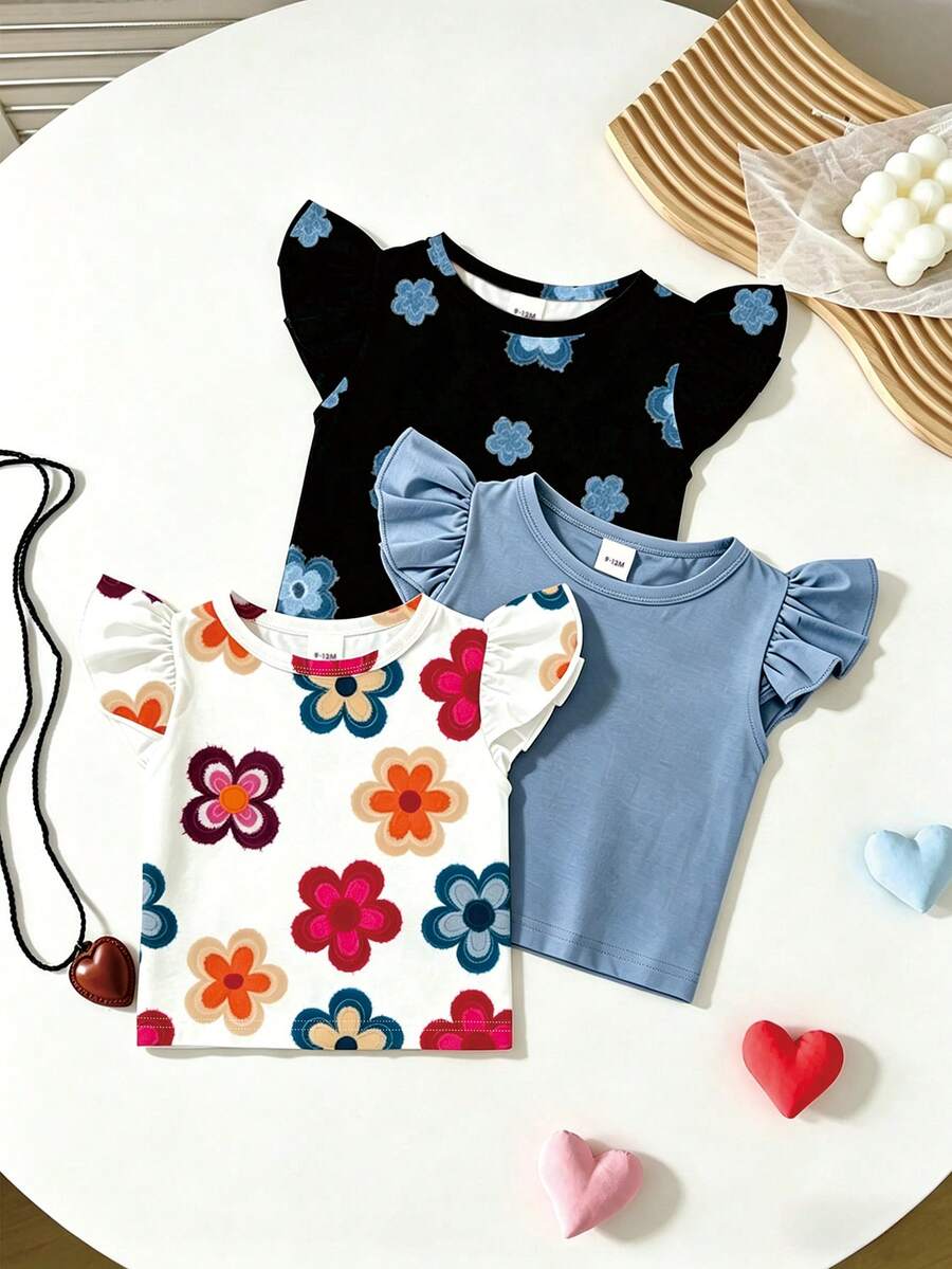 SHEIN Playful Pals 3件套女婴上衣,可爱彩色碎花白色荷叶袖T恤,搭配蓝色碎花黑色荷叶袖T恤和蓝色荷叶袖T恤,多件套上衣组合,适合夏季外出穿着 - 彩色 - 查看 1