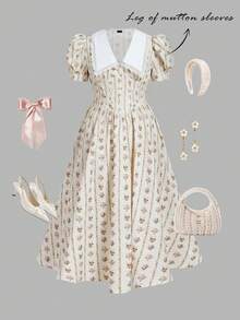 SHEIN MOD 大码碎花蕾丝拼接优雅短袖连衣裙 - 彩色 - 查看 7