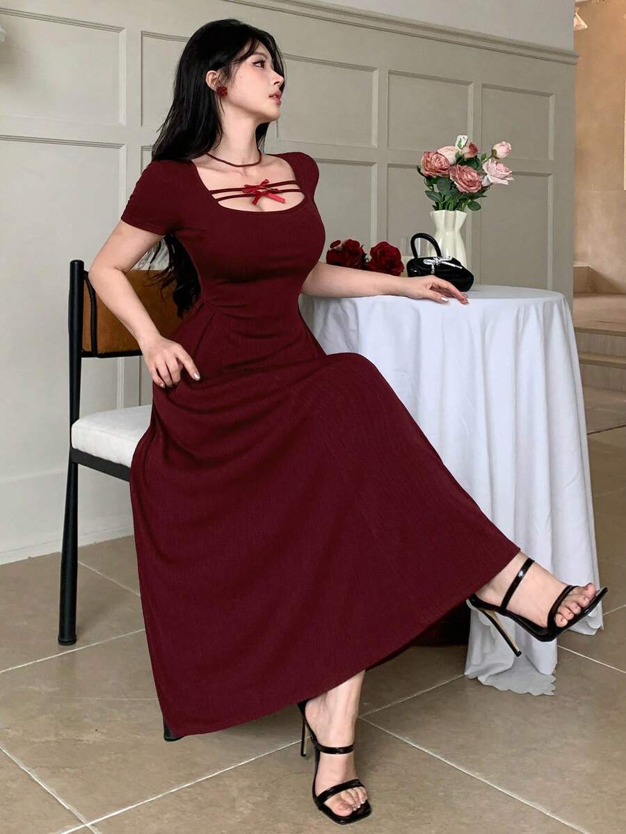 DAZY Red Elegant Bow Decor Long Dress For Women, Spring & Summer - Red - View 1
