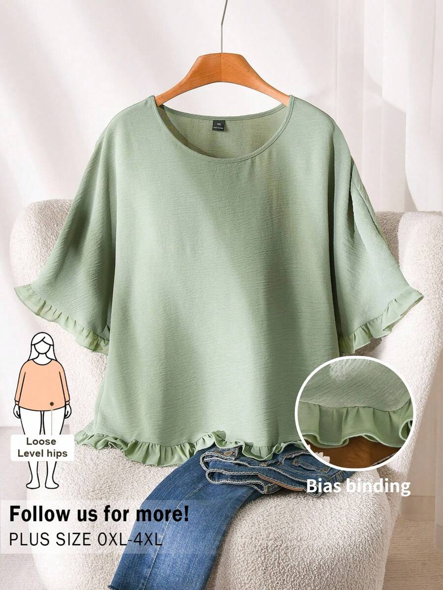 CosyJoli Blusa casual de mujer talla grande con cuello redondo y mangas cortas con adorno floral verde - Verde - Ver 1