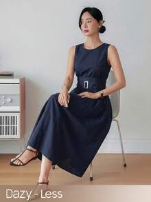 Dazy-Less Women's Sleeveless Belted Midi Dress, Business Casual Vacation Style, Spring & Summer - Navy Blue - View 1