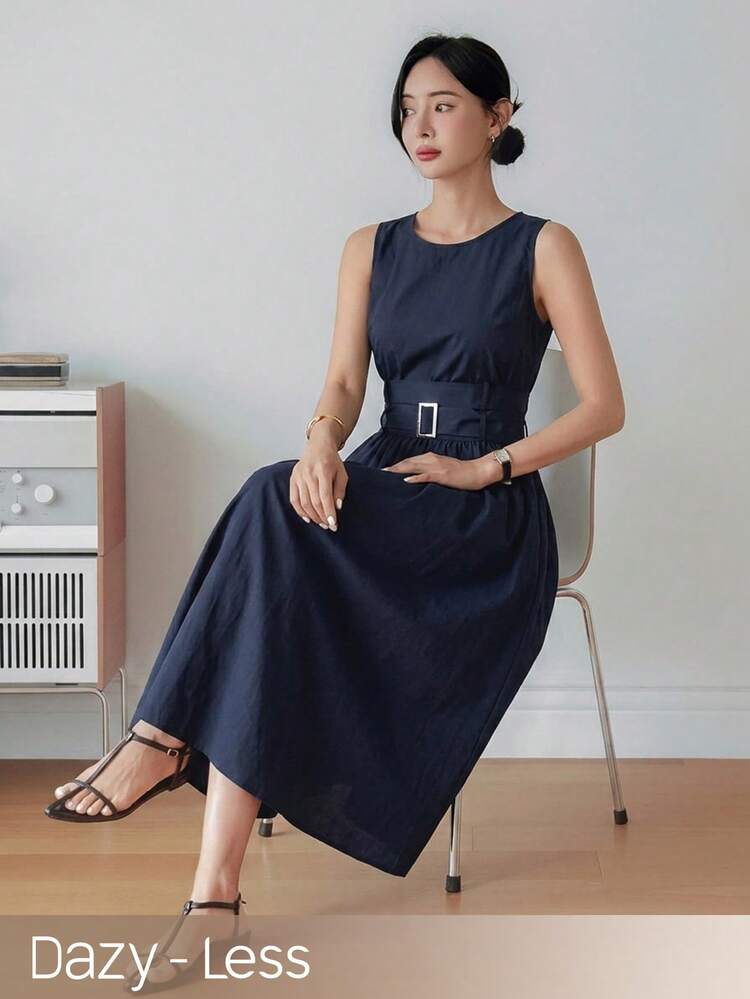 Women's Sleeveless Belted Midi Dress, Business Casual Vacation Style, Spring & Summer