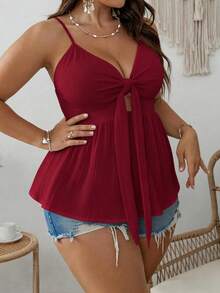SHEIN VCAY Top de verano con volantes y nudo delantero en talla grande - Burdeos - Ver 4