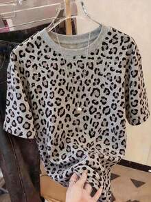 Resyla Leopard Print Digital Pattern Plus Size Women's Long Loose Round Neck T-Shirt, Suitable As Gift - Multicolor - View 1