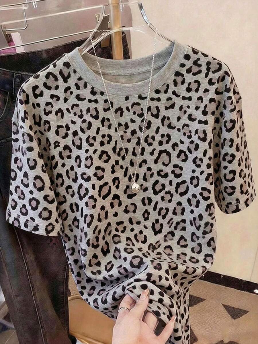 Resyla Leopard Print Digital Pattern Plus Size Women's Long Loose Round Neck T-Shirt, Suitable As Gift - Multicolor - View 1