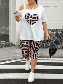 SHEIN CURVE+ 大码女式休闲运动宽松爱心印花两件套，夏季女装，外出套装，两件套裤子，套装，骑行短裤套装，印花女式T恤套装，教师服装 - 彩色 - 查看 8