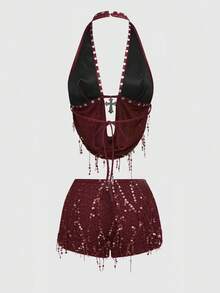 ROMWE Grunge Punk Conjunto de mujer con colgante de cruz metálica, parches de PU, red de pesca y cuentas, estilo Y2K Baddie para festivales de música - Burdeos - Ver 2