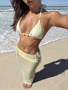 Aloruh Bộ bikini 3 mảnh dành cho nữ, gợi cảm, thanh lịch, lãng mạn, màu vàng nhạt, đính hạt ngẫu nhiên, áo tam giác nhỏ buộc dây cổ, quần lọt khe nhỏ và váy sarong dài, đồ bơi bikini đi biển cho nữ, đồ bơi nữ, áo tắm nữ, áo khoác ngoài đồ bơi nữ, đồ bơi đi biển thanh lịch cho nữ, đồ bơi nữ đi biển, áo khoác ngoài đồ bơi, trang phục đi nghỉ mát cho nữ, trang phục đi biển cho nữ, trang phục đi nghỉ mát cho nữ, trang phục mùa hè cho nữ, quần áo mùa hè, trang phục mùa hè - Vàng nhạt - Xem 9