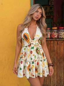 ROMWE Avant Women's Retro Vacation Style Fruit Print Halter Neck Ruffle Hem Sexy Deep V Mini Dress - Apricot - View 4
