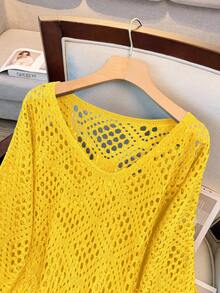 GlowEve CURVE Plus Size Women's Perforated 3/4 Sleeve Knit Sweater Fall - Yellow - View 3