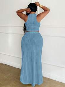 Slaydiva Plus Size White Solid Slim Fit 2 Pieces Outfit 2pcs/Set - Blue - View 2