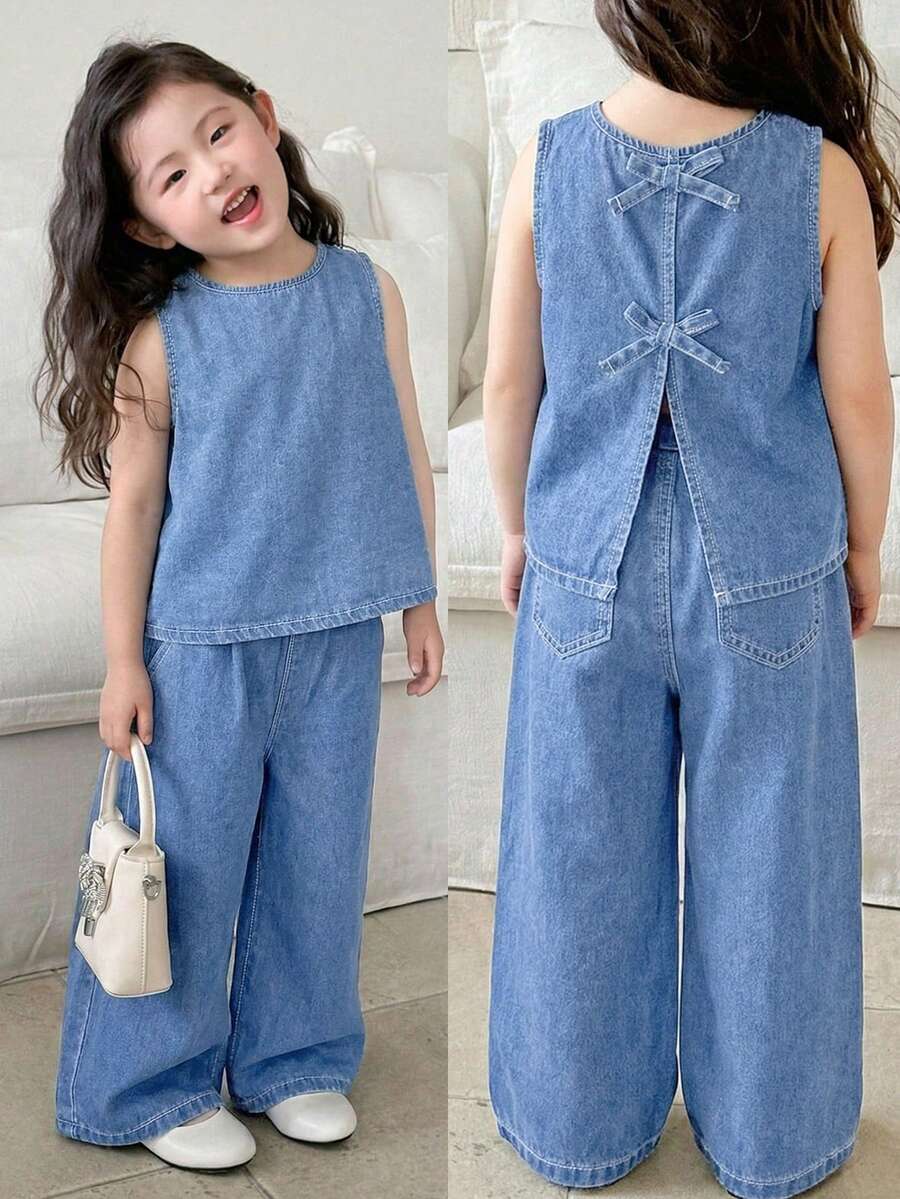 SHEIN 女童无袖蝴蝶结装饰上衣和牛仔裤套装 - 淺色水洗藍 - 查看 1
