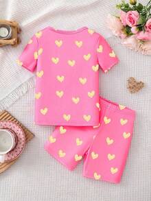 2pcs/Set Toddler Girls' Unicorn & Star Print Short Sleeve Top And Shorts, Knit Stretchy Fabric, Comfortable Soft Glow-In-The-Dark Pajamas For Summer - Pink - View 2
