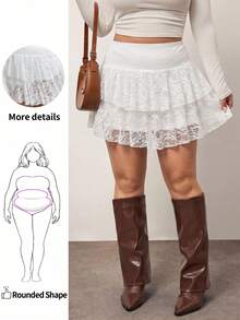 Enliva 大码女式白色蕾丝短款A字裙，层叠款式，适合苹果型身材和圆臀。 - 白色 - 查看 7
