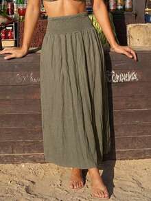 SHEIN Swim Summer Beach Solid Split Thigh Cover Up Skirt - Khaki - View 2