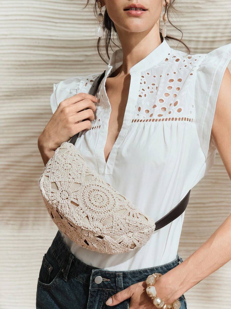 SHECARRY Túi đeo hông nữ, túi đeo chéo, túi họa tiết hoa, phong cách Boho, túi đi biển mùa hè, đồ dùng cần thiết khi đi du lịch, đồ dùng cần thiết khi đi du thuyền, trang phục nghỉ mát cho nữ, bộ móc len (mẫu ngẫu nhiên) - Màu be - Xem 1