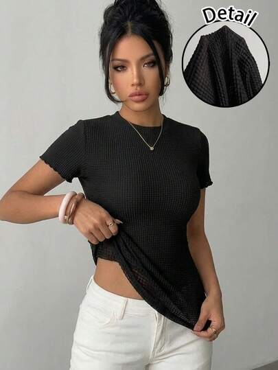 Aloruh Casual Minimalist White Background Black Polka Dot Allover Print, Gathered Whole Piece Women's T-Shirt, Versatile Style Suitable For Spring/Summer