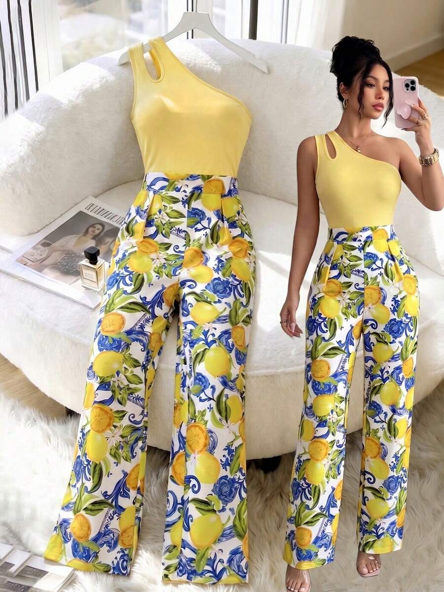 GlowEve Bộ jumpsuit nữ màu vàng lệch vai, cổ yếm, in họa tiết chanh, thiết kế cạp cao có khóa kéo, ống rộng phối nhiều mảnh. - Nhiều màu - Xem 1