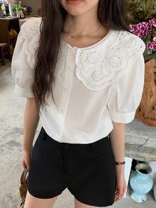 DAZY Women's Hollow Embroidered Petal Sleeve Single-Breasted Blouse Summer - White - View 8