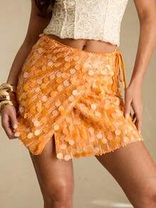 Glamine Chân váy ngắn đính sequin đa năng dành cho nữ, màu cam rực rỡ, phù hợp cho đi biển, hẹn hò, trang phục đầu xuân. - trái cam - Xem 6