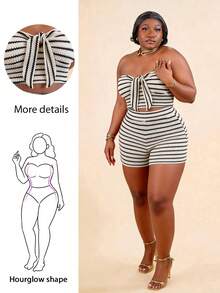 CurvyTilda Bộ đồ 2 mảnh dành cho nữ cỡ lớn, chất liệu vải dệt kẻ sọc đen trắng, gồm áo quây buộc dây phía trước và quần short cạp cao, thích hợp cho các buổi hẹn hò, tiệc trà chiều, đi biển, du thuyền, kỳ nghỉ thành phố, lễ hội âm nhạc, kỳ nghỉ phong cách boho, dành cho dáng người đồng hồ cát. - Đen và trắng - Xem 1
