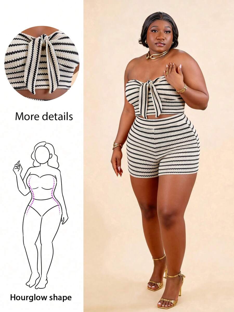 CurvyTilda Bộ đồ 2 mảnh dành cho nữ cỡ lớn, chất liệu vải dệt kẻ sọc đen trắng, gồm áo quây buộc dây phía trước và quần short cạp cao, thích hợp cho các buổi hẹn hò, tiệc trà chiều, đi biển, du thuyền, kỳ nghỉ thành phố, lễ hội âm nhạc, kỳ nghỉ phong cách boho, dành cho dáng người đồng hồ cát. - Đen và trắng - Xem 1