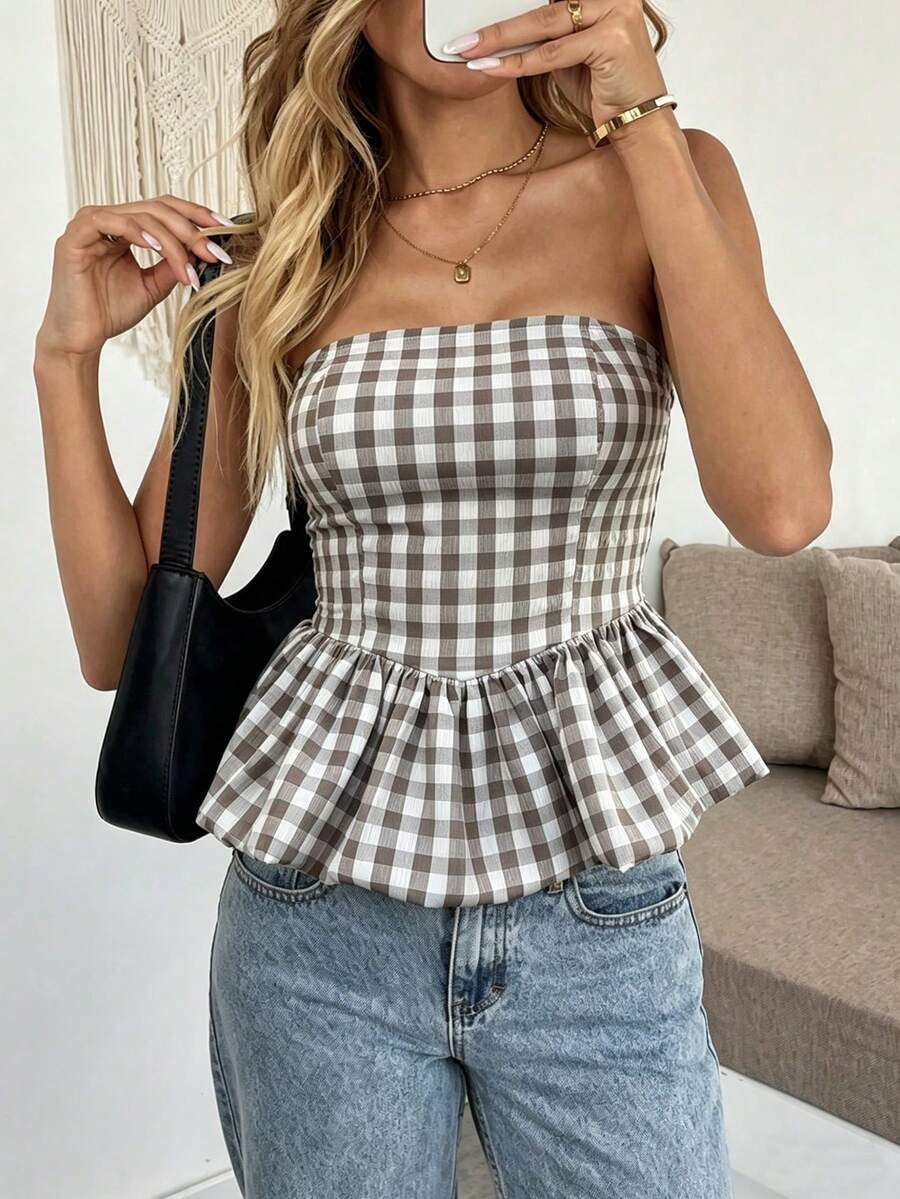 Pariaura 女士优雅格纹抹胸上衣，适合春夏度假、派对和新季穿着，修身剪裁 - 彩色 - 查看 1
