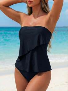 Breezaya Elegant Ruffled Hem Women Tankini Set Summer - Black - View 4