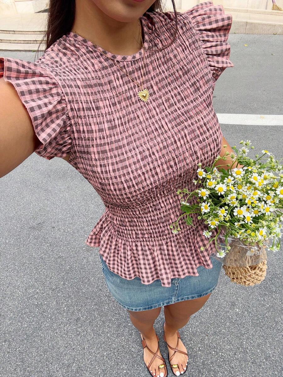 Serisse 女士休闲格子荷叶边收腰衬衫，夏季
