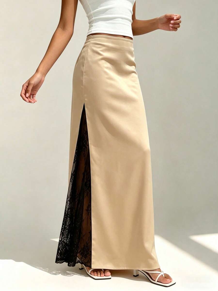 European And American Spring/Summer New Romantic Luxurious Elegant Satin & Lace Splice Flowy Skirt For Women - Apricot - View 1
